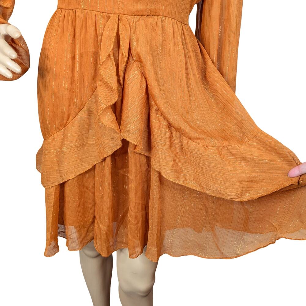 Showpo Burnt Orange Metallic V-neck Long Sleeve Ruffled Mini Party Dress SZ 12 - Picture 3 of 8